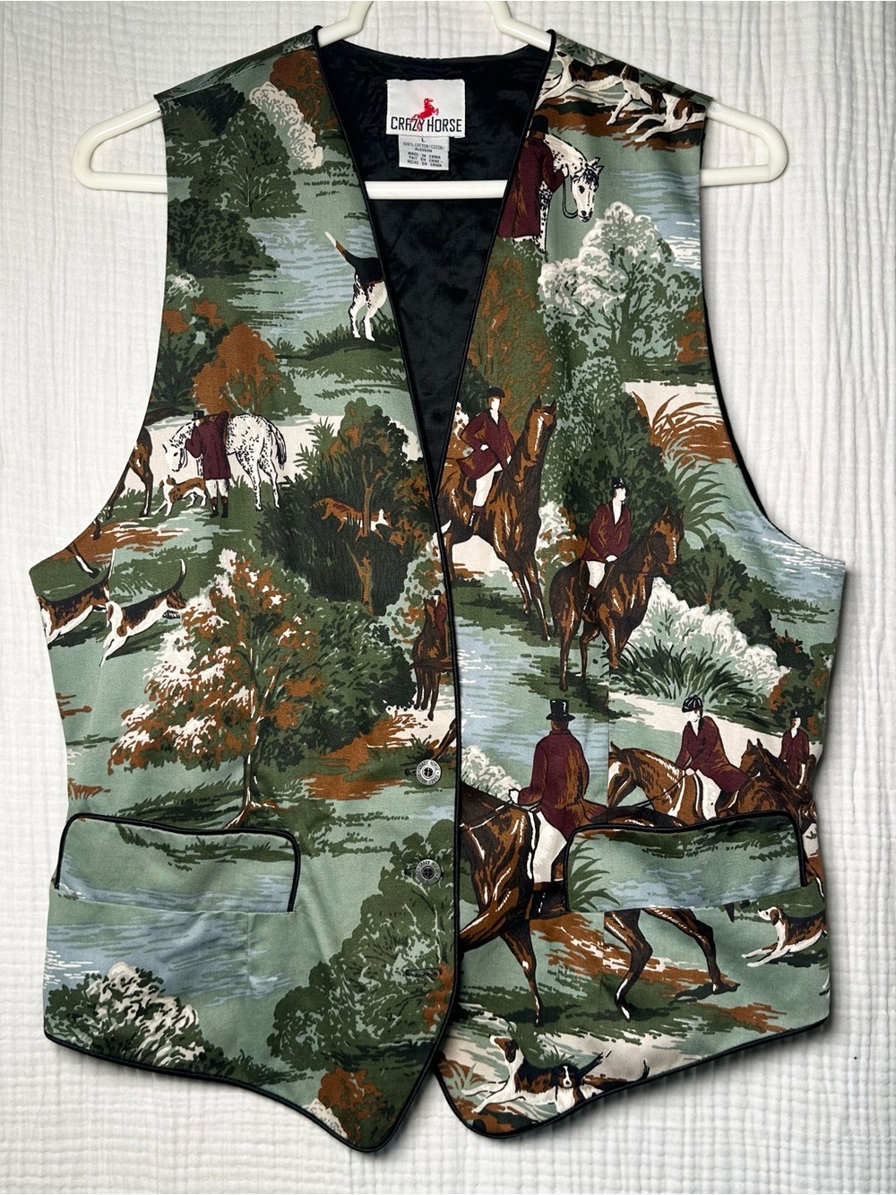 VTG 80s Crazy Horse English Prep Country Equestrian Cottagecore Horse Vest Sz L